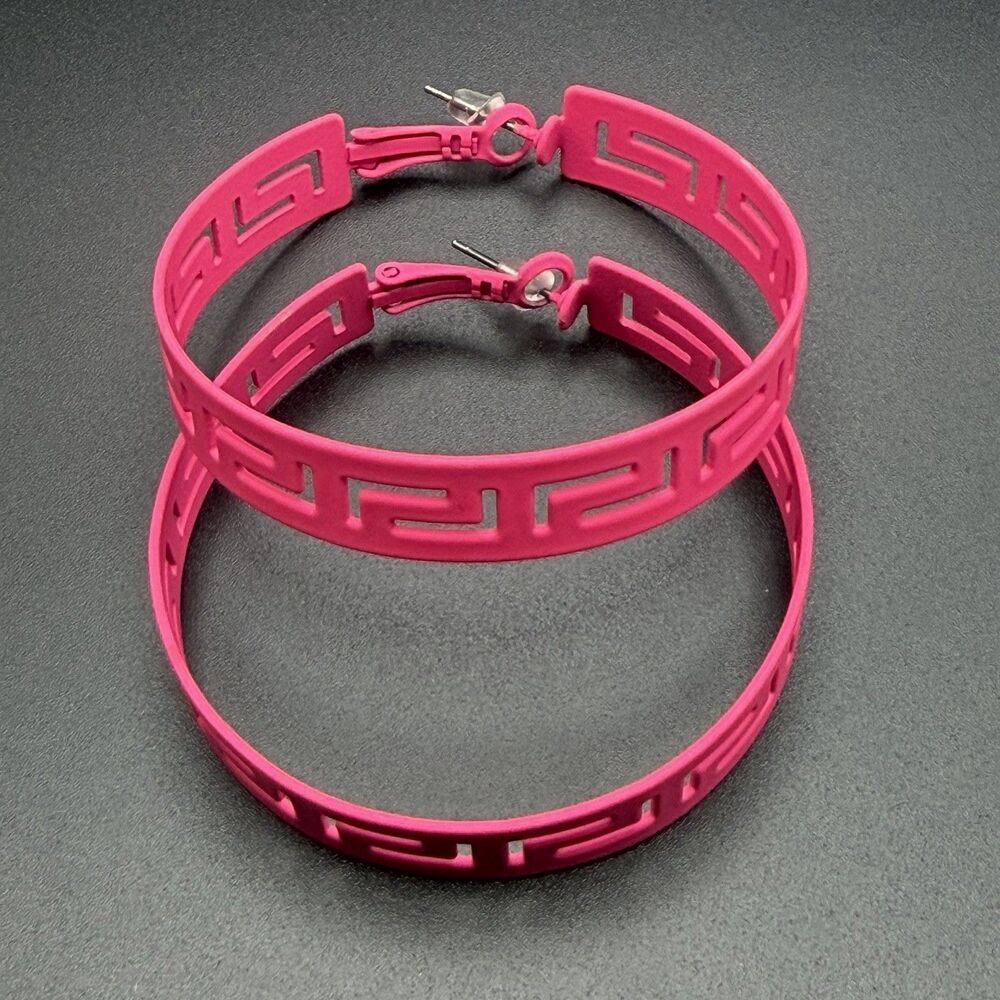 Hot Pink Greek Key Matte Hoop Earrings Neon Large Cutout Geometric Statement